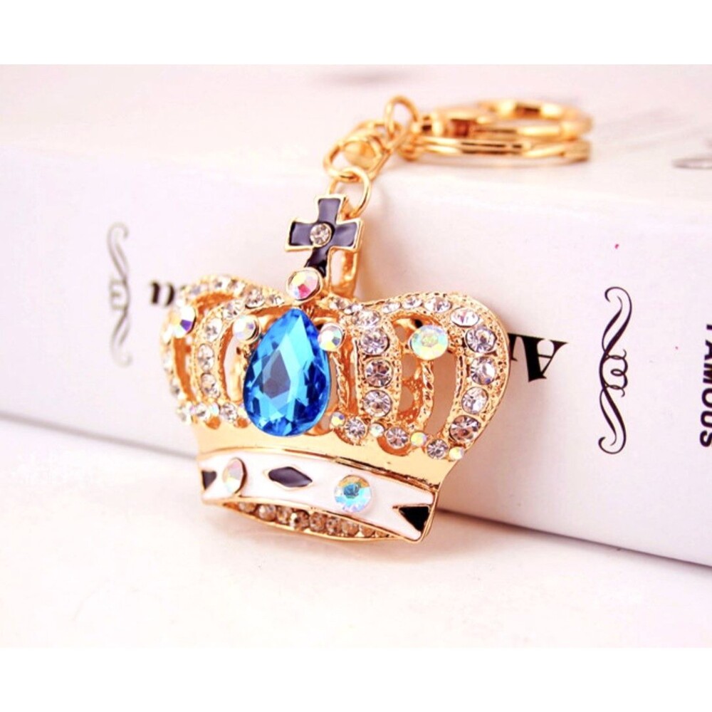 Blue Crystal Rhinestone Crown Cross Purse Bag Charm Keychain Gold Tone Luxe NEW